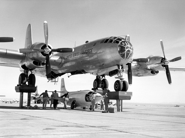 The X-1 being loaded under its Boeing B-50 Stratofortress mothership